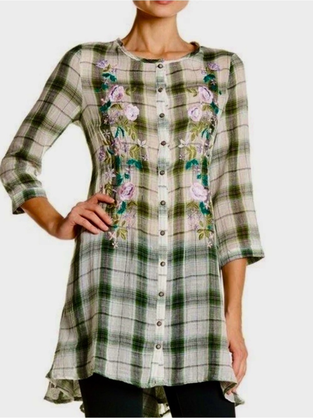 Aratta Summer Breeze Embroidered Green Plaid Button-Front Tunic Dress, NWT *FLAW - Picture 5 of 11